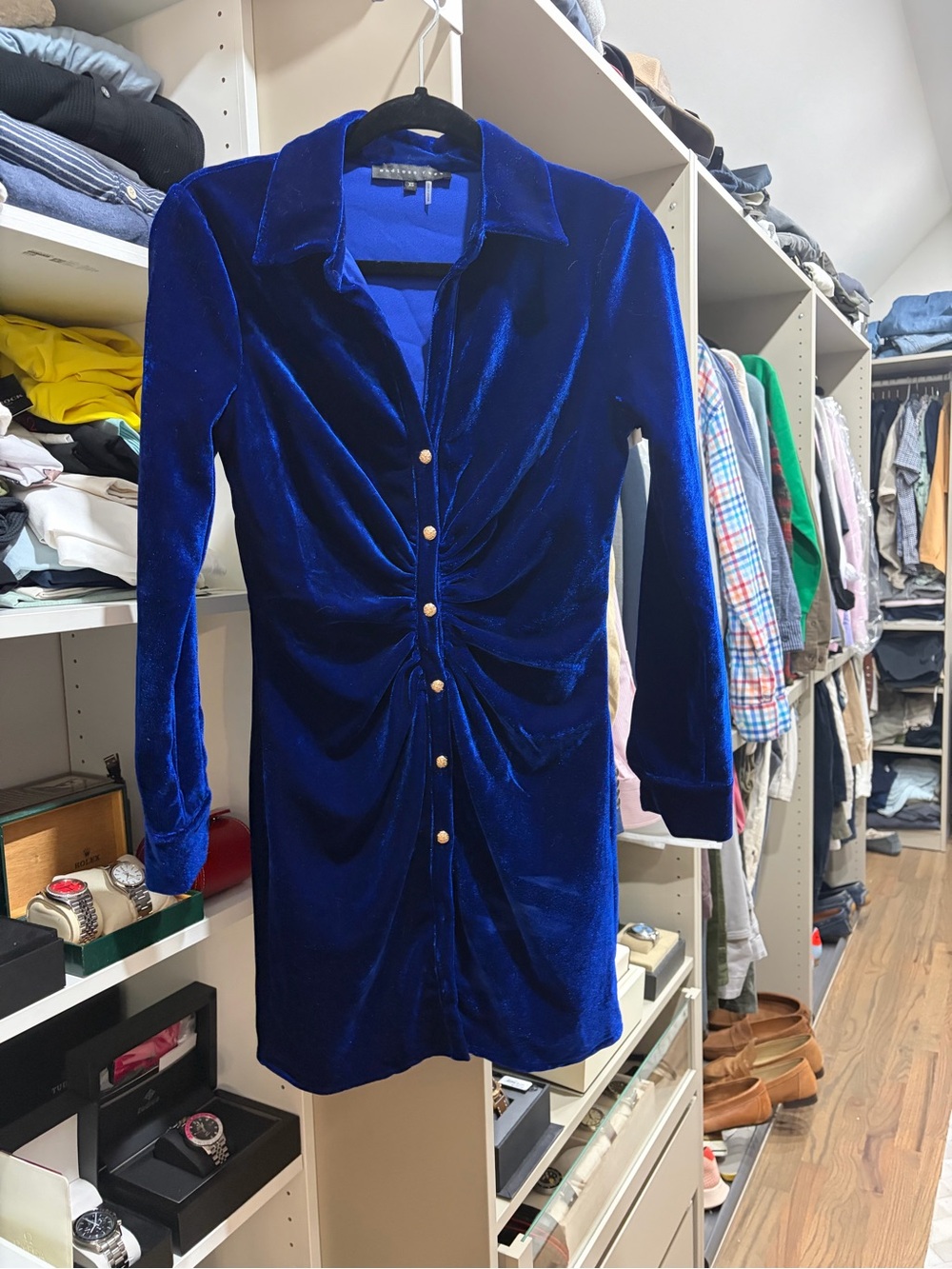 Endless Rose Royal Blue Velvet Ruched Button Mini Dress